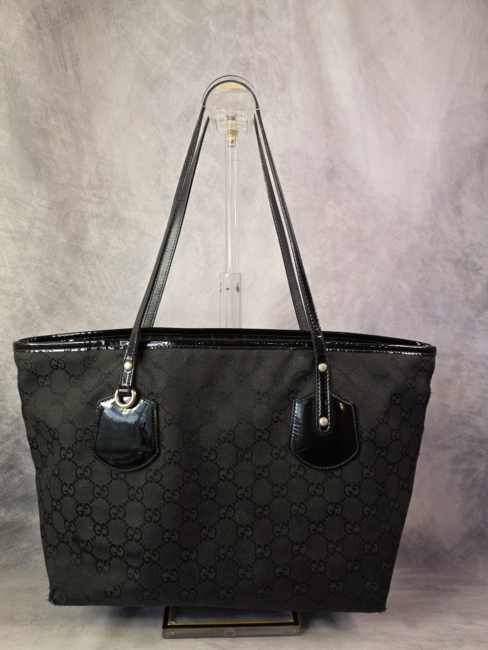 Gucci Black GG Monogram Canvas Glossy Patent Trim Tote Bag 211976
